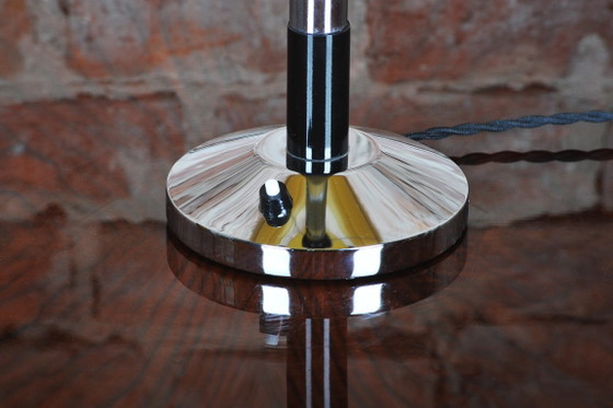Restored Art Deco Table Lamp Chromed Steel, Beech, Parchment, Czech, 1940s – Metal, Paper (photo 3 of 11)