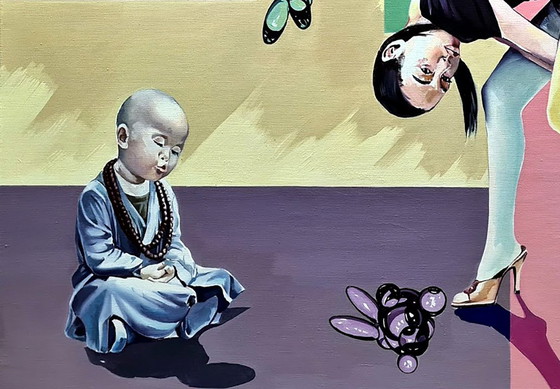 Original Oil Painting Pop Art Symbolism Equilibrium Part 2, Paintings & Drawings, Canvas, Pink, Figuratief (photo 6 of 7)