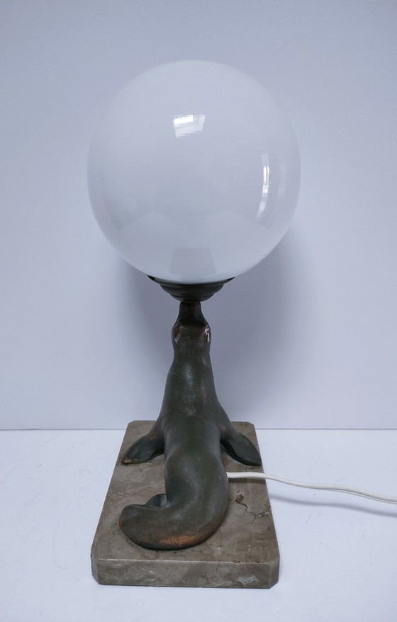 Image 1 of Art Deco sea lion lamp, marble, opaline metal