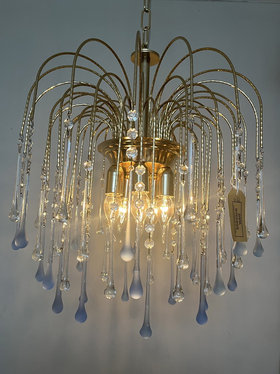 Image 1 of Vintage Blauwe Teardrop Kroonluchter Hanglamp Goud Frame