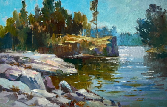 Image 1 of Original Oil Painting Summer Forest Landscape Walk along the river