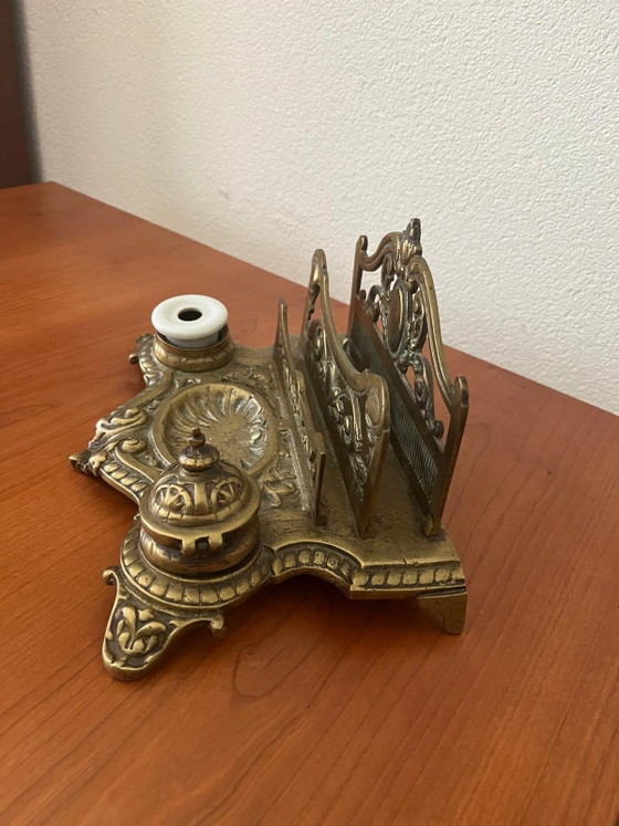 Encrier Vintage avec Porte-plume - Style Art Nouveau – Objets déco, Porcelain, Brass (photo 4 of 5)