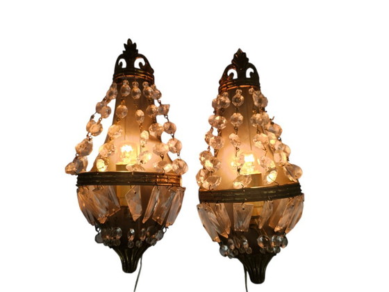 Image 1 of Stile Hollywood Regency - 2 lampade da parete - Dorate - Cristallo - Francia - Anni '60