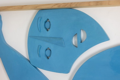 Bas-relief in blue lacquered wood. Contemporary work by a French artist.