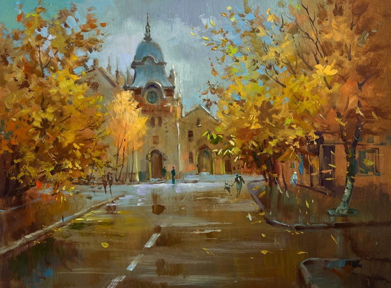 Image 1 of Original Oil Painting Autumn City Landscape Autumn in the heart of the city