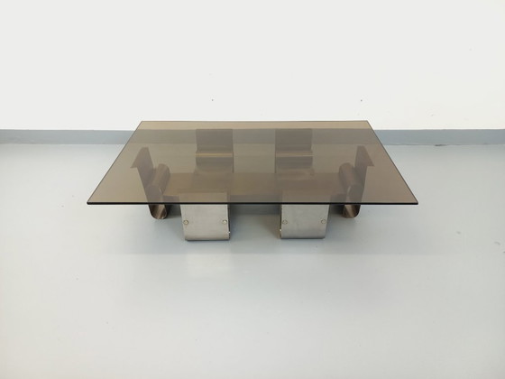 Image 1 of Large rectangular coffee table by François Monnet, vintage Space Age style, in steel and smoked glass from the 1970s