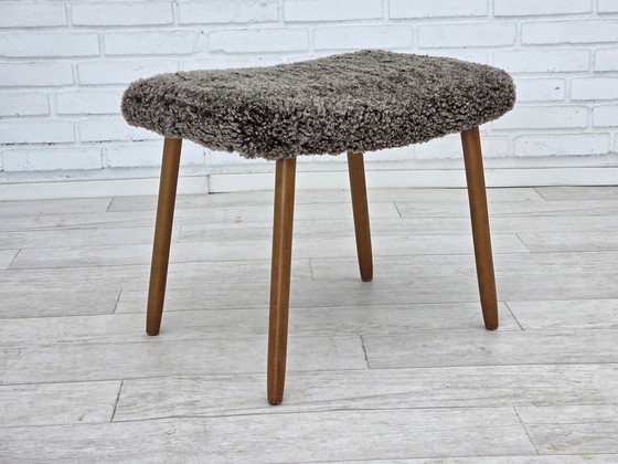 Image 1 of 1960s Reupholstered Danish Armchair with Stool, Genuine Sheepskin