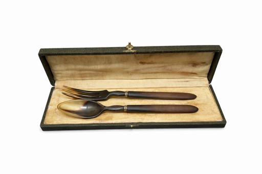 Vintage Horn Salad Servers with Bakelite Handles - Mid-Century Modern Design - Original Presentation Box - 1950s Style Tableware