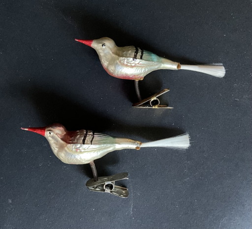 Een paar vintage Duitse glazen kerstvogels op clipjes, jaren 1930-1950