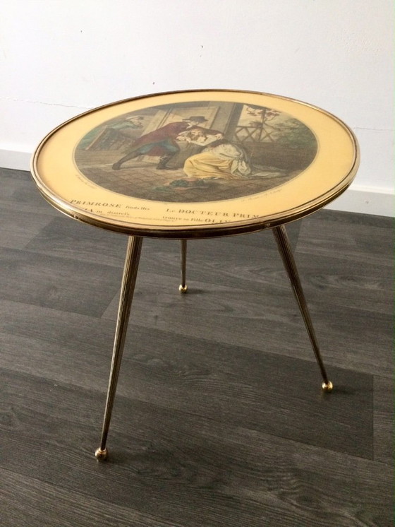 Image 1 of Italian Design Brass Tripod Side Table w printed top 1950's