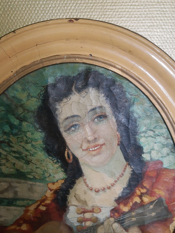 Wunderschönes antikes Gemälde im böhmischen Stil, das einen Musiker beim Gitarrespielen zeigt, in einem (photo 8 of 12)