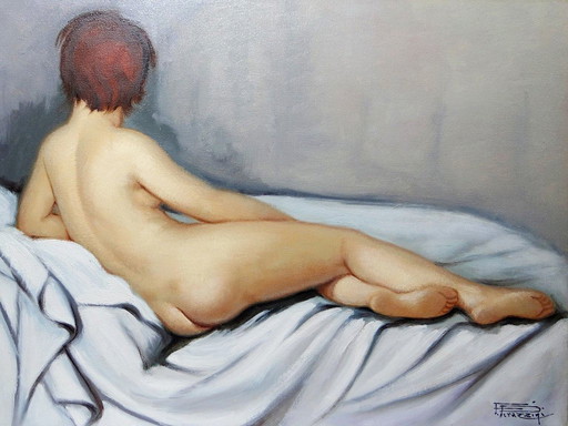 Grand nu huile sur toile Fortuné Pirazzini - Femme se reposant - XXe