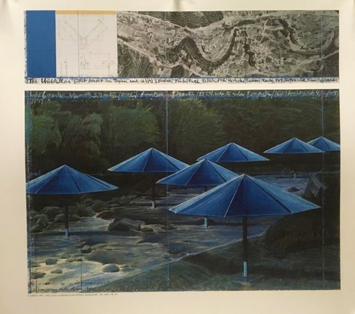 Christo Blue Umbrellas – lithos zeefdrukken, Paper