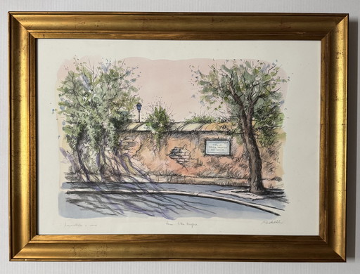 Watercolor Serigraph Painting F. Battelli 66x46m Villa Borghese, Modern Art