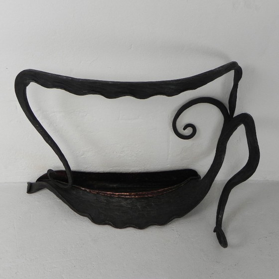 Image 1 of Art Nouveau paraplustandaard in staal en koper, handgesmeed, jaren 20