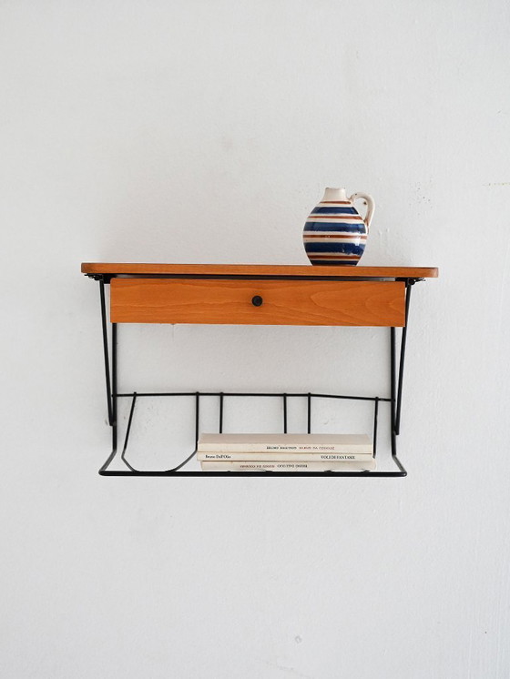 Image 1 of Table de chevet murale scandinave en teck et métal noir, années 1960