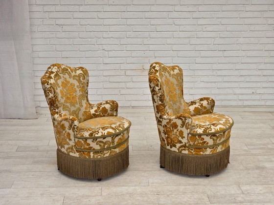 Années 1970, paire de 2 petits fauteuils danois, tissu d'ameublement marron/beige. – Textile (photo 3 of 15)