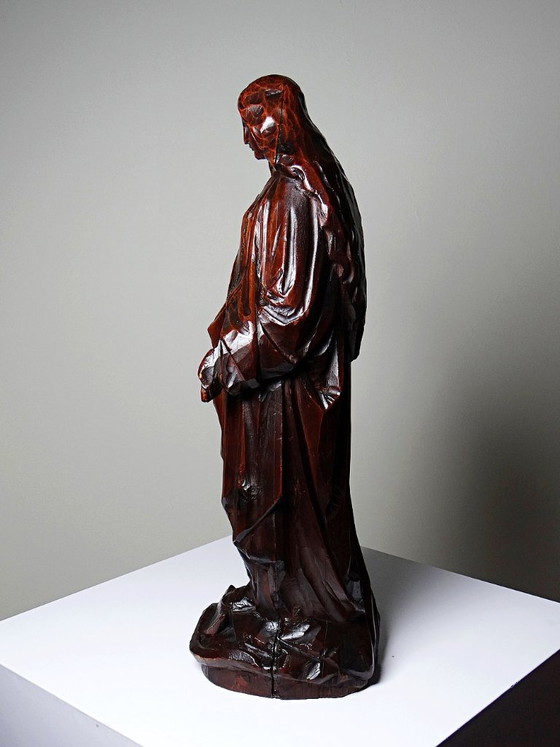 Religiöse Skulptur, antike geschnitzte Holz-Madonna, Unbefleckte Empfängnis, Bildhauerei, Braun, Vintage (Foto 4 von 15)