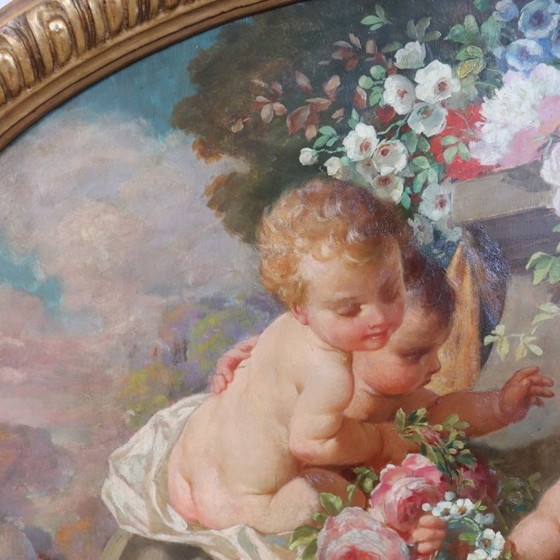 Cherubs With Flowers, Oil Painting On Board Signed, Italy Early 20th Century – Paintings & Drawings, Wood (photo 6 of 18)