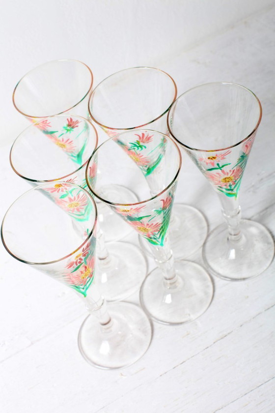Image 1 of Juego de 6 copas de jerez de diseño floral, raras, de mediados de siglo / Italia / década de 1960