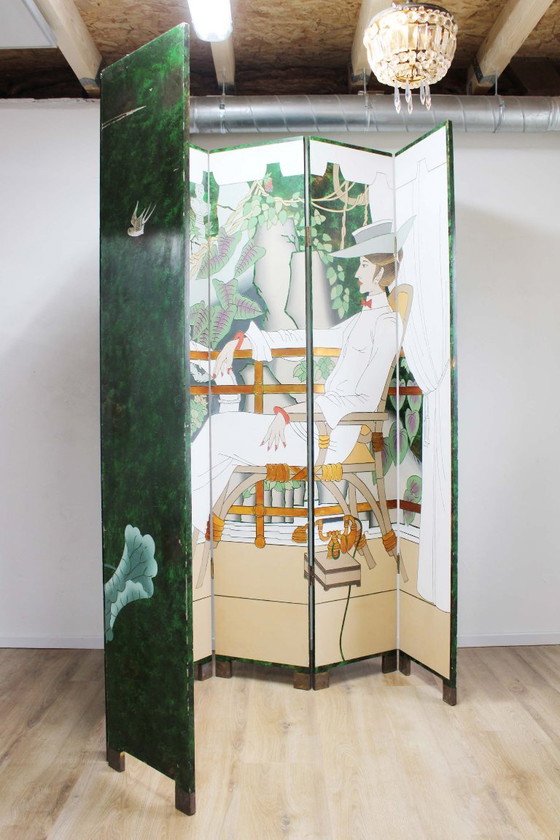 Large Art Deco style room screen. Wooden vintage room divider, Green (photo 2 of 15)