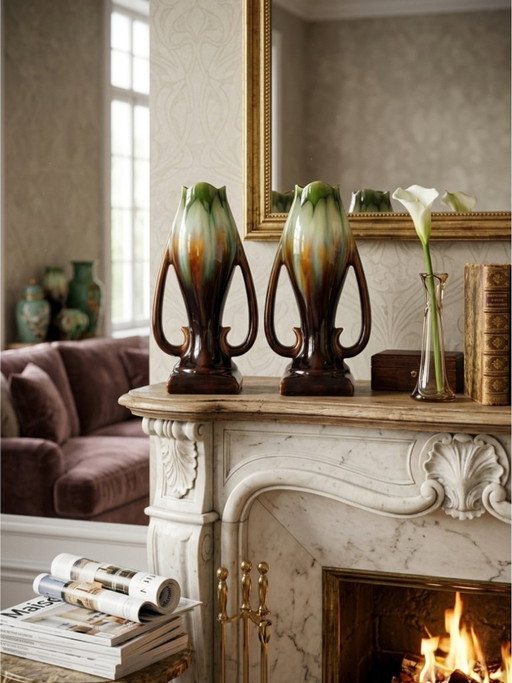 Pair of Art Deco vases – Thulin pottery (attributed) – Belgium – Flamed glaze – 29cm