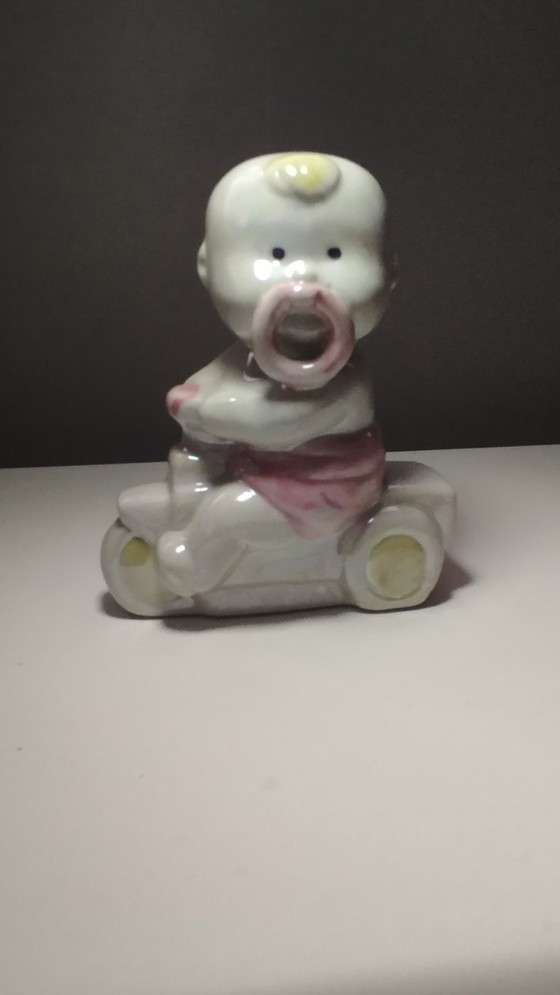 Image 1 of Mid-Century Lusterware Figurine – Baby on Tricycle – Davis & Freeman (Japan/USA)
