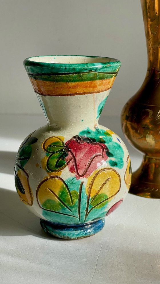 Image 1 of Vintage Handcrafted Ceramic and Brass Vases