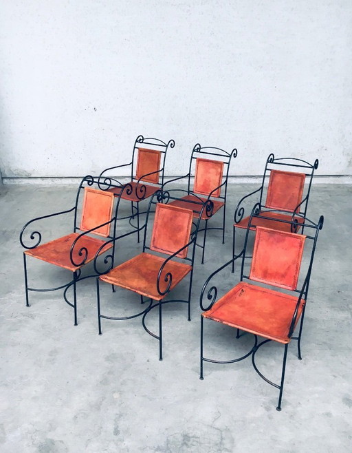 Eetkamerstoelset van smeedijzer en cognackleurig leer, Spanje, jaren 60