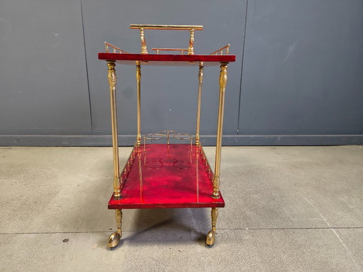 Seltener italienischer Servierwagen aus lackiertem Ziegenleder und Pergament von Aldo Tura, 1960er Jahre