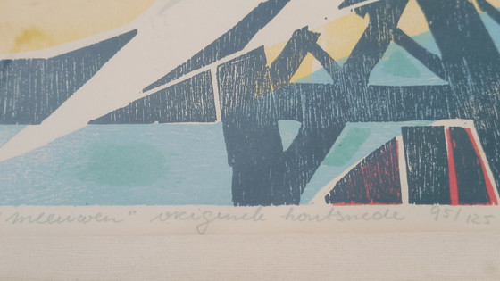 Image 1 of La société Kleurrijk Industriële Vormgeving Houtdruk Gesigneerd 1961 'Meeuwen' (en anglais)