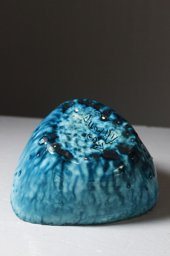 Image 1 of Accolay - Turquoise & black glazed ceramic fruit bowl, France, 1950s