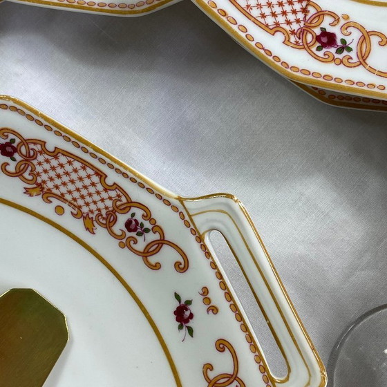Image 1 of Antique Limoges porcelain dessert service by A. Lanternier & Cie, comprising 10 plates and a cake stand