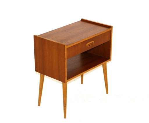 Mesita de noche escandinava de teca y roble, Suecia, 1960