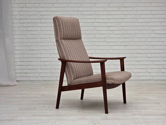 Image 1 of Poltrona danese con schienale alto, anni '70, lana per mobili, legno di teak, originale.