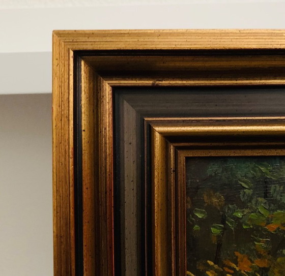 Image 1 of Tableau unique signé, pont dans la forêt. Avec cadre en bois.