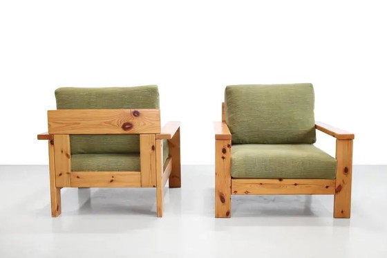 Conjunto de dos sillones de diseño italiano de pino de los años 70. – Wood, Cotton, Brutalist (photo 6 of 9)