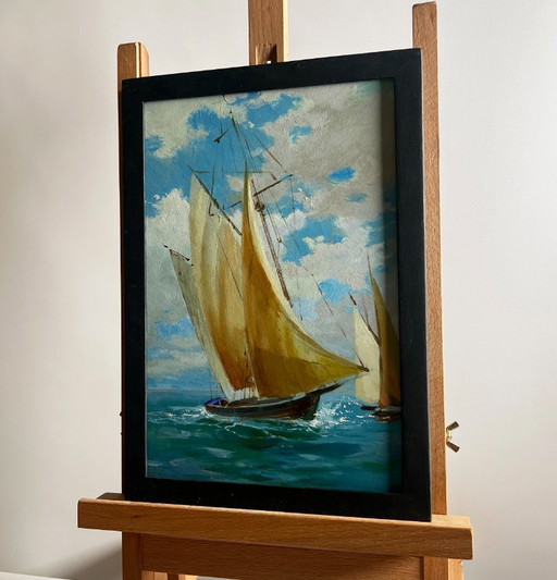 Original Oil Painting Summer Sea Landscape Sailboats at sea