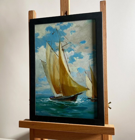 Image 1 of Dipinto ad olio originale, paesaggio marino estivo con barche a vela in mare.
