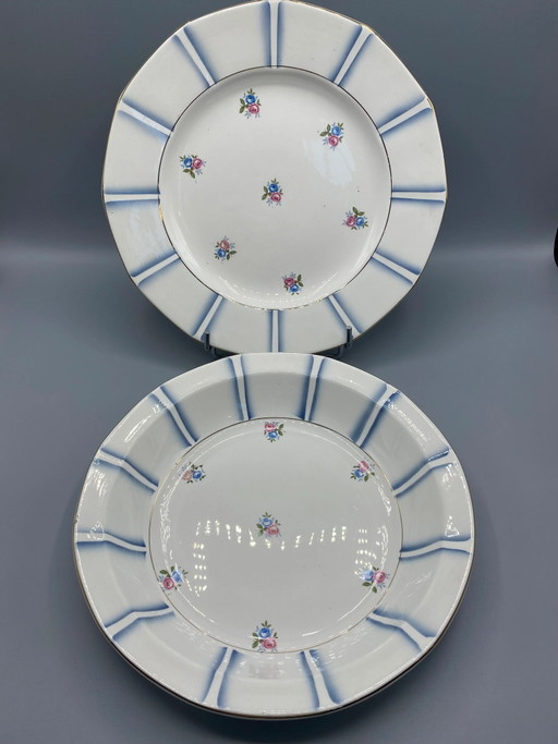 Set van 2 Digoin Sarreguemines Schalen – Rozen en Blauw Verloop – Art Deco – Jaren 30