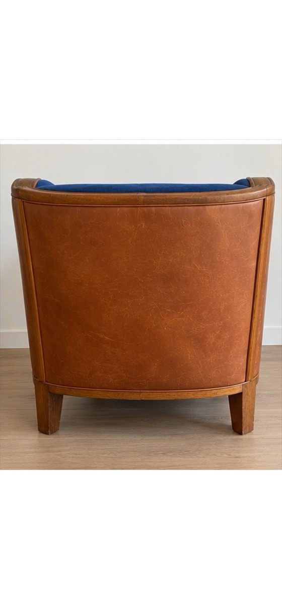 Poltrona Art Déco, rovere, pelle color cognac e Alcantara blu, Poltrone, Legno (foto 4 di 5)