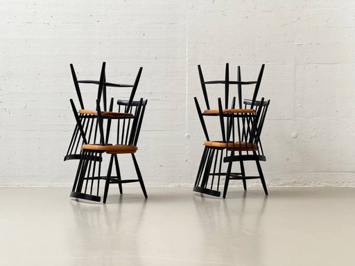 Set of 6 rare Fannet Chairs by Erik Fryklund for Hagafors, Sweden, 1950s