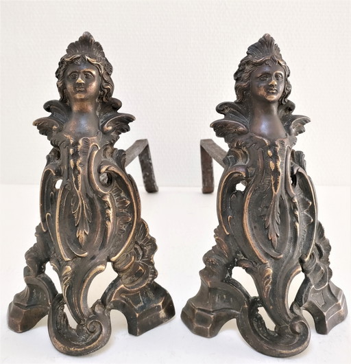 Pair of Bronze Caryatids Chenets Black Patina