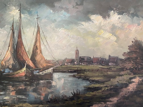 Image 1 of Oil painting of sailboats near a Zeeland village