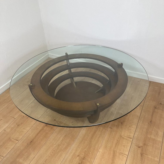 Image 1 of Skulpturaler Couchtisch mit konzentrischen Ringen, Glas und Holz, um 1985