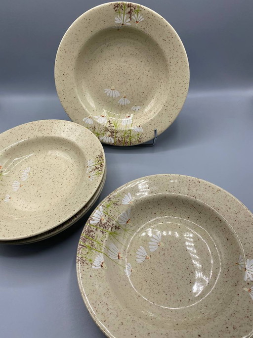 6 piatti fondi in gres, Tułowice, Polonia, decorazione a margherite – decoratieve objecten, Scandinavian