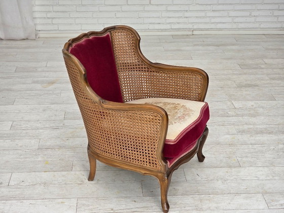 Image 1 of Fauteuil danois des années 1950, velours d'ameublement, bois de frêne, maille d'ameublement.