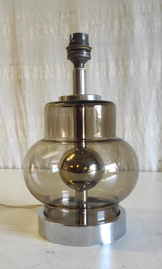 Image 1 of Space Age table lamp base in chromed metal and smoked glass - 1970s
