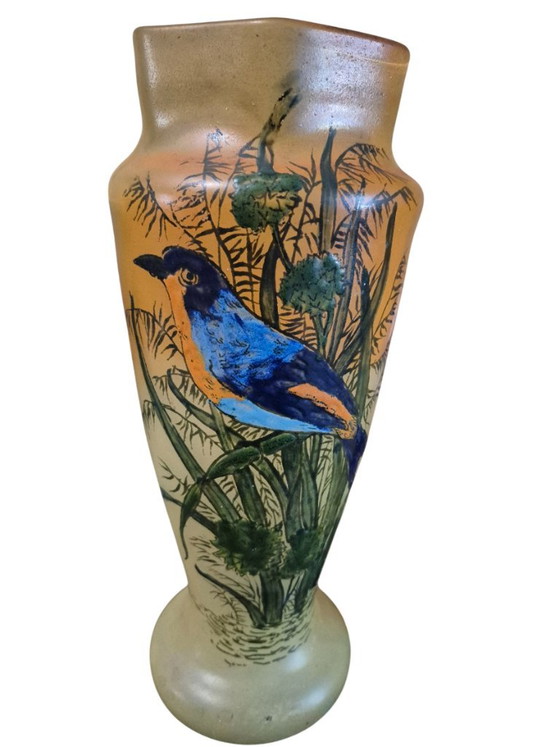Pair of hand-painted Vases with bird motif, legras, Ceramic, Glass, Orange (photo 5 of 15)