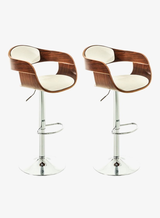 Image 1 of Set of 4 bar stools - With backrest - Armrest - Footrest - Faux leather - walnut/white